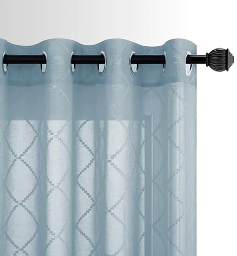 Ösenvorhänge für Wohnzimmer, geometrisches besticktes Diamant-Vierpassmuster, Vintage-Landhausstil, Vorhänge für Schlafzimmer und Esszimmer, Schieferblau/Grau-Steingrau/Blaugrau, 160 cm lang