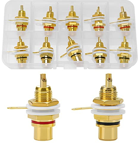 10 Stück Cinch Buchse Einbau, Vergoldet RCA Jack 3/8 Cinch Buchse Einbau, Chassis HIFI Audio Stecker, Cinch-Terminal Chassis Steckdose RCA (5 Schwarz + 5 Rot)