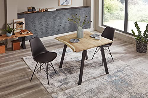 SAM 3-TLG. Essgruppe Laxmi 90x90 cm, Akazie Natur, 2X Stuhl Lerche | Akazienholz naturfarben & massiv, Baumkantentisch mit Vier Metallbeinen in Schwarz + 2X Schalenstuhl Lerche in Schwarz