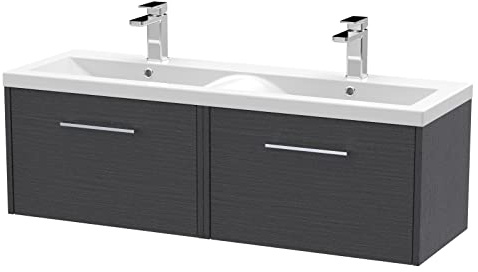 Hudson Reed JNU2222F Juno Modern Bathroom Wall Hung 2-Drawer Vanity with Ceramic Double Basin, 1200mm, Woodgrain Graphite Grey
