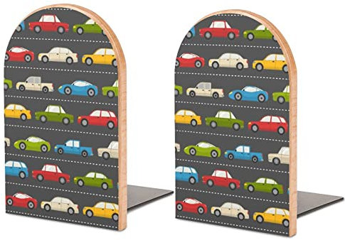Holz-Buchstützen für Regale, Retro-Comic-Auto-Buchstützen für schwere Bücher, Holz-Buchstopper für Zuhause, Büro, Schule, Bibliothek, 7,6 x 12,7 cm, 1 Paar / 2 Stück