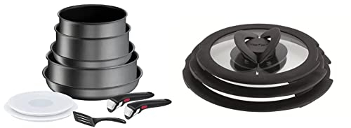 Tefal Ingenio Daily Chef ON Pots & Pans Set, 10 Pieces, Stackable, Removable Handle, Space Saving, Non-Stick, Grey, L7619302 & Ingenio L9931012 3 Piece Glass lids, 16-cm, 18-cm, 20-cm , Black