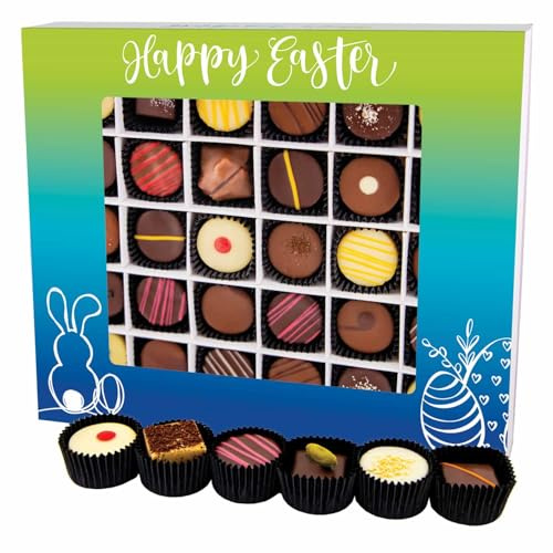 Hallingers Genuss Manufaktur Pralinen Oster-Geschenk - mit & ohne Alkohol, handmade aus Confiserie-Edelkakao in wertiger XXL-Geschenkbox Happy Easter, Ostern Körbchen für Frauen Männer