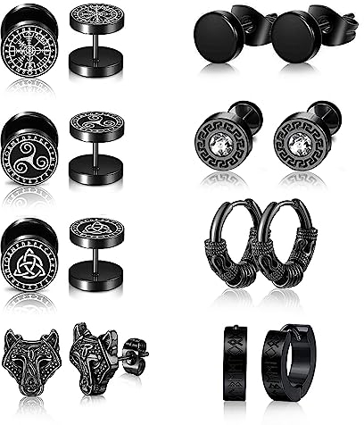 8 Paar nordische Wikinger-Ohrringe für Männer, Edelstahl-Ohrstecker, Wikinger-Ohrringe Wikinger-Ohrringe Fake Gauges Ohrringe Klassische schwarze Ohrstecker für Männer (Schwarz)