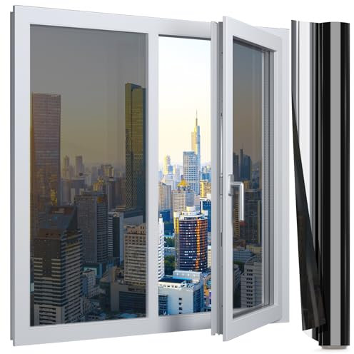 NAKIYO One Way Window Film Privacy Light Blocking, Reflective Window Tint Film Sun Blocker Anti UV Heat Control, No Adhesive Blackout Window Stickers for Office Home (Silver Black) 44.5x300cm