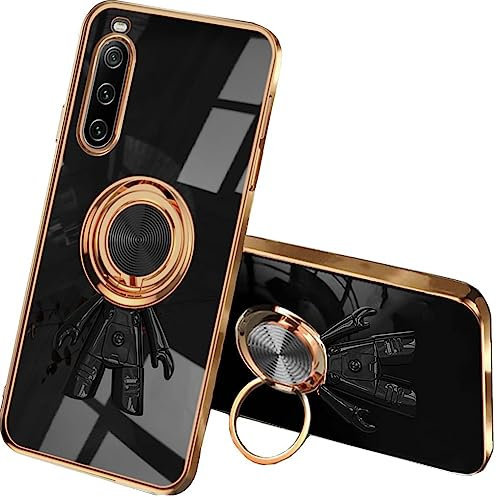 SEAHAI Hülle für Sony Xperia 10 V, Galvanik-Spaceman Design Ultra Dünn Glänzend Weich Silikon TPU Stoßfest Handyhülle Cover Schutzhülle mit 360 Grad Ring Ständer, Schwarz