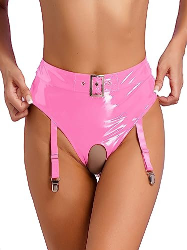 IEFIEL Strings Tangas Femmes Erotique Porte-Jarretelles Bas avec Clips Réglable Séduction sous-vêtements Jarretière Jarretelles Slip Suspender en Cuir Noir S-XL Rose B XXL