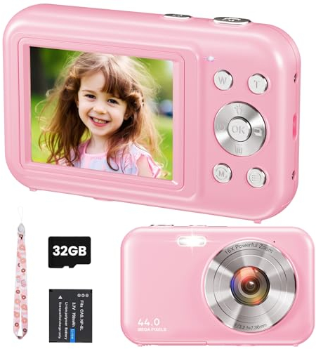 Appareil Photo Numérique 1080P HD 44MP Appareil Photo Compact avec Carte 32Go, Rechargeables Appareil Photo Enfant avec Zoom Numérique 16X, Écran 2,4 Pouces pour Enfant, Étudiant, Adolescent(Rose)