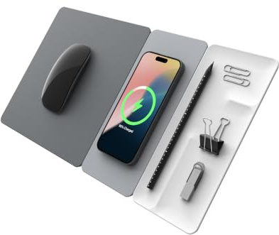 POUT H3 SplitMax - Tapis de souris 3 en 1 à chargement sans fil - Chargeur rapide sans fil Qi / Tapis de souris / organiseur de plateau magnétique - Compatible avec iPhone, Samsung Galaxy, AirPods