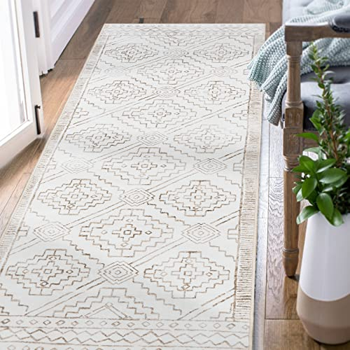 TOPICK Runner Rug 60x150cm Hallway Runner Soft Washable Taupe Rug Short Pile Geometric Print Carpet Non Slip Lightweight Carpet for Kitchen Bathroom Living Room Bedroom