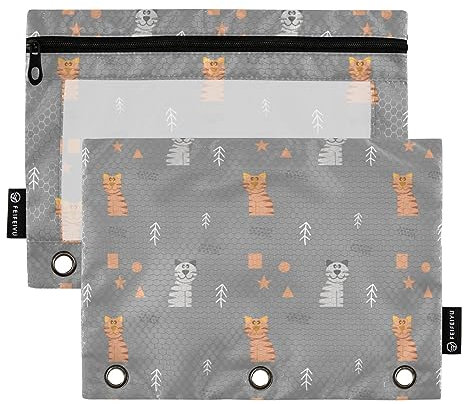 FRODOTGV Federmäppchen mit 3 Ringen, Motiv: kleine Katzen und Bäume, transparent, mit Reißverschluss, 3 Löcher, 2 Stück