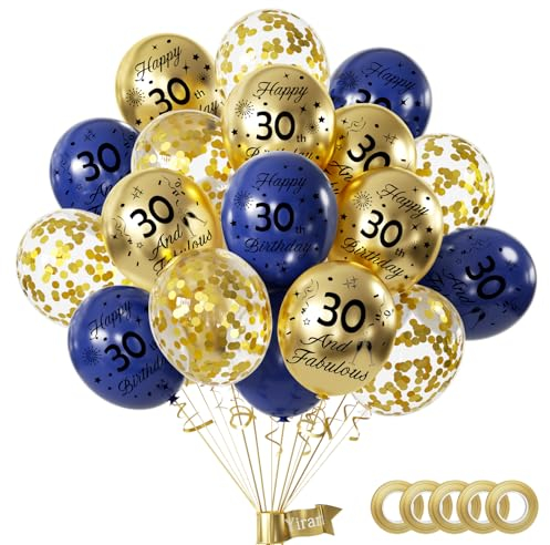Yiran Luftballons 30. Geburtstag Deko - 15 Stück Happy Birthday Ballons in Blau und Gold mit Konfetti