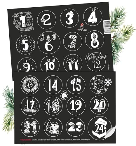 TOBJA Adventskalender Zahlen Aufkleber - 24 Schwarz Weiß Sticker Zahlenaufkleber 1-24 Weihnachten | Einzigartige Adventsaufkleber für besondere Momente | Adventkalender Sticker