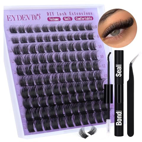 EYDEVRO D Curl Cluster Lashes DIY Lash Extension Kit - Individual Clusters, Wispy Eyelash Extensions 8-16mm with Lash Bond and Seal, Tweezers (0.07D, 8-16mm, D Curl)