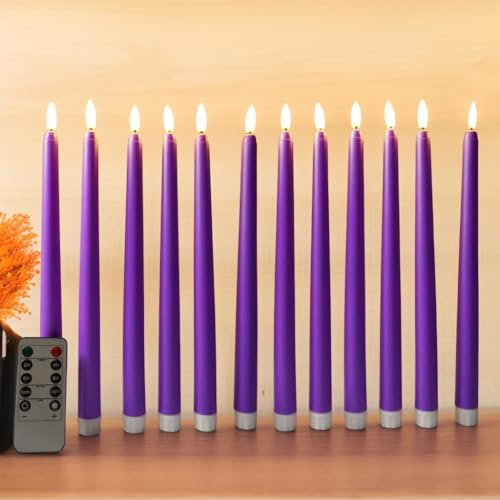Ni-JASW Purple Flameless Taper Candles with Remote, Flickering Battery Operated LED Candlesticks Set of 12