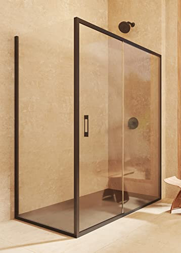 SOULBATH Mampara Angular corredera + Fijo + Lateral Fijo, sin Perfil Inferior, Fácil instalación Vidrio de Seguridad 6mm antical, 137,5-140cm Ancho x Fijo 67,5-70cm H=195cm, Negro Mate