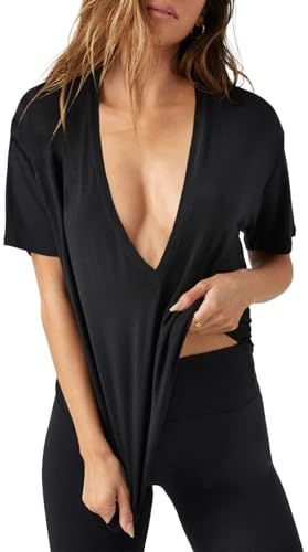 Imily Bela Sportshirt Damen Sexy Tiefer V-Ausschnitt Yoga T-Shirt Sommer Kurzarm Sport Oberteile Loose Fit(Schwarz,S)