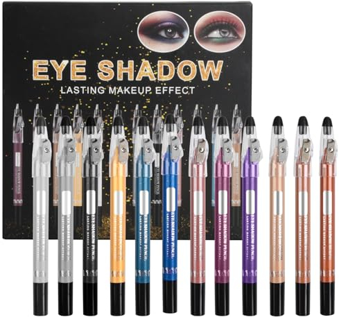 Granvoo 12 Farben Metallic Lidschattenstift, Matte Lidschatten Stift Set mit Anspitzer, Wasserdicht Langanhaltend Glitter Lidschatten Stick Bunte Set, Eyeliner Stift, Pearl Glitter Lidschattenstift
