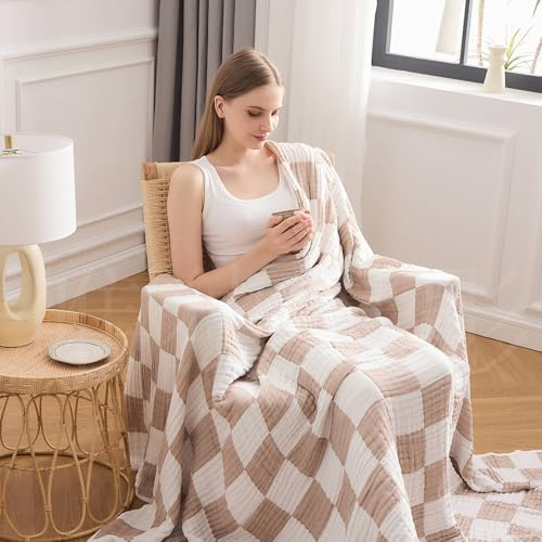 EMME Karierte Überwurfdecke aus Baumwolle für Couch, weiche Musselin-Decken, leicht, atmungsaktiv, weiche Decke, Ganzjahresdecke, Gaze-Decke, Hellbraun, 127 x 152,4 cm