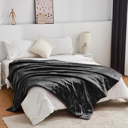 Luofanfei Kuscheldecke Wohndecke 150x200 Schwarz Satin Glänzend Decke kühlend Satindecke Bettüberwurf Glanzsatin Couchdecke Tagesdecke Sofadecke Blanket Für Sofa Überwurf Bett Schlafzimmer Büro