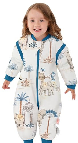 LAT Baby Schlafsack mit Füßen Abnehmbare Ärmel, 2.5 TOG 100% Baumwolle Baby Winter Schlafsack, 3-Wege-Reißverschluss Kinderschlafsack mit Füßen (Elefant, M)