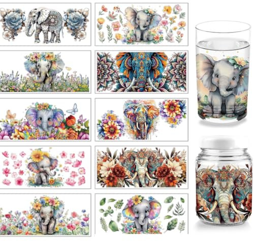 arricraft 10 Blatt UV DTF Cup Wrap Transferaufkleber 11x24cm Aquarell Tier Elefant Mandala Rub Auf Transfers Aufkleber Für 16 Unzen Glas Tassen Möbel Handwerk Holz DIY Handwerk