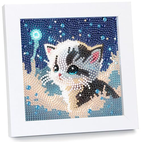 Katze Diamond Painting Kinder Mit Rahmen Katze Diamant Painting Bilder Kinder DIY Mosaikherstellung Arts Craft für Home Wand Decor Geschenk 18x18cm