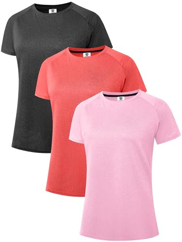 Women's Workout Running T-Shirts, Dry Fit Short Sleeve Shirts, Moisture Wicking Athletic Tee, Sports Gym Yoga Tops Grey/Red/Pink 3P04-L