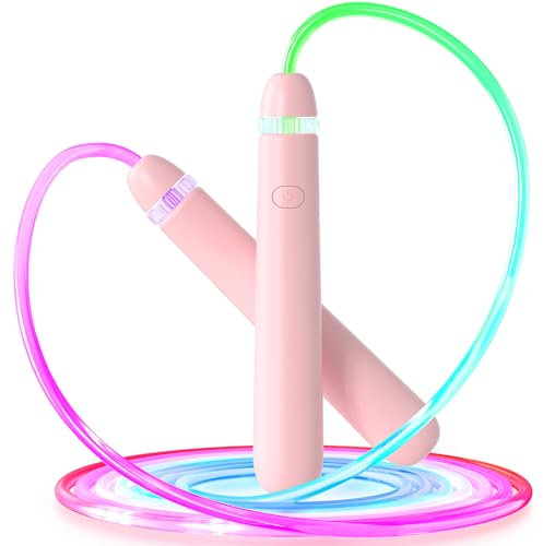 LED Light Up Skipping Rope Kids, Adjustable Glowing Skipping Ropes for Kids, Colorful Luminous Jump Rope for Boy Girls Adult Fitness and Workout (Pink)