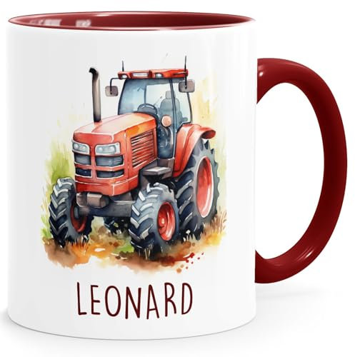 SpecialMe® Kindertasse Namenstasse Traktor Feuerwehrauto Rennwagen Auto Drache Keramikbecher Geschenk Kinder Jungen weiss-innen-bordeauxrot standard