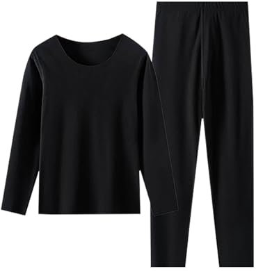 SMUXP Clearance of Sales Damen Unterwäsche Set, U-Schnitt Stretchy Langarm Shirt Top & Elastische Taille Leggings Ultra Dünn Einfarbig Thermo-Set, 1#schwarz, L