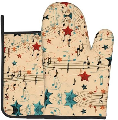 WZYWHJ Ensemble de gants de cuisine et maniques vintage motif notes de musique pour cuisine, micro-ondes, grillades – Résistant à la chaleur avec cordon