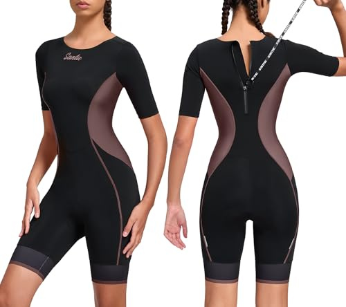 Santic Triathlon Suit for Women Short Sleeve Padded Trisuit Quick-Dry for Swim Bike Run,Brown,M