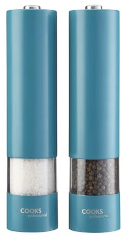 Cooks Professional Electric Salt and Pepper Mill Set | Battery Operated Automatic Grinders with Adjustable Course & Fine Grinding & One Touch Operation | Condiment Seasoning Grinder | Teal