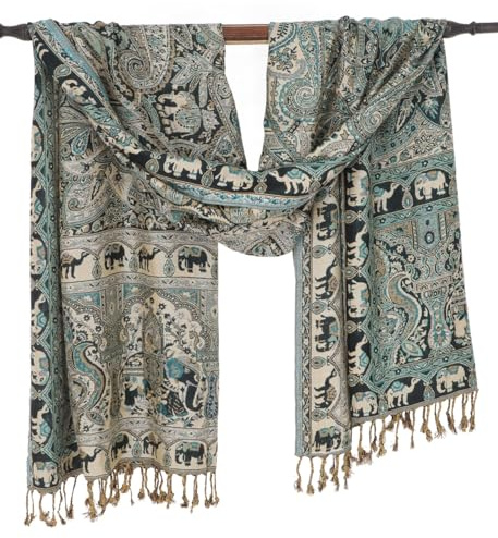 GURU SHOP Indischer Pashmina Schal, Schultertuch, Boho Stola mit Paisley Muster - Grün/beige, Herren/Damen, Synthetisch