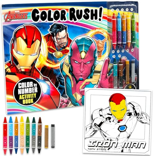Marvel Avengers Malen nach Zahlen, Malblock, Aktivitätsset, Iron Man Captain America, Malen nach Zahlen, Aktivitätsbuch-Bundle, Buntstifte, Malseiten, Avengers-Kunst- und Bastelarbeiten für Jungen