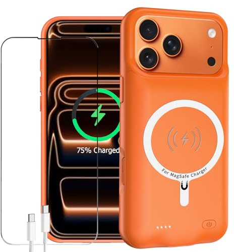Custodia con batteria per iPhone 17 Pro Max, migliorata, 12000 mAh, custodia protettiva wireless portatile, compatibile con iPhone 17 Pro Max (6,9 pollici), con caricabatterie ricaricabile (arancione)