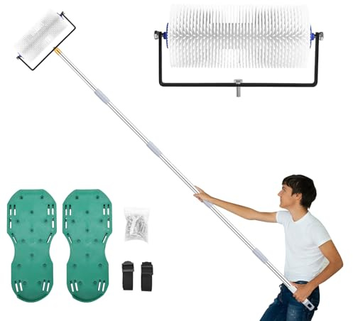 Spike Roller for Self Leveling Cement, 9 Inch Heavy-Duty Screed Spiked Roller with 34-77'' Adjustable Extension Pole – Complete Concrete Tool Kit w/Spike Shoes for Epoxy Flooring & Cement Leveling