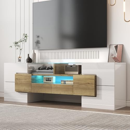 OLIVIBED Mobile TV con cassetti, 145 cm, lucido, con illuminazione a LED e piano in vetro, per soggiorno e sala da pranzo, bianco e legno (colore bianco + legno)