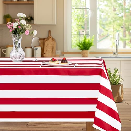 Rot Weiß Gestreifte Tischdecke 140x300cm Rechteckige Tischdecke für Party | Polyester Tischdecke für Karneval, Weihnachten, Geburtstag, Zirkus, Picknick Dekoration