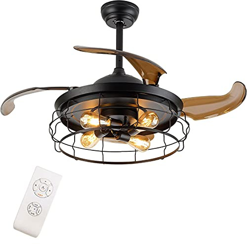 Ventilatori da Soffitto, Lucir Ventilatori, Ventilatore da Soffitto Industriale da 42'' con Pale Retrattili e Telecomando,Pada da Soffitto a Gabbia con 2 Aste Di Sospensiper Cucina, Camera da Letto, S