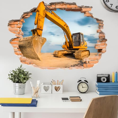 SUPERDANT 3D Wandtattoo Bagger Ziegelwand Selbstklebende Wandsticker Wasserdicht Abziehbar Wanddeko Wandaufkleber Für Wohnzimmer Kinderzimmer Schlafzimmer Wohnung Spielzimmer 81x56.8 cm