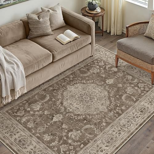 PureCozy Waschbarer Braun Teppich Wohnzimmer 140x200cm Vintage Tepiche | Rutschfest Kurzflor,Weich Teppiche,Wohnzimmerteppich,Schlafzimmer,Esszimmer,Büro,Kinderzimmer
