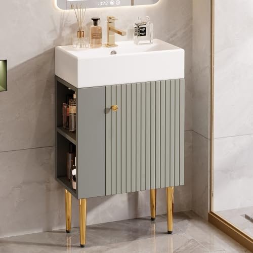 muenfly Armario para debajo del lavabo de 55 cm, color gris claro, armario bajo el cuarto de baño compacto con espacio de almacenamiento, mueble de baño pequeño de pie para invitados, apto para baños
