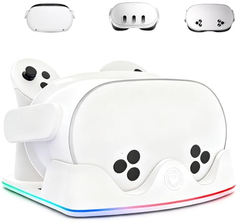 Tendak VR Headset Charging Dock for Meta Quest 3S/Quest 3/Quest 2, VR Charging Stand with RGB Light, Type C Cable and Controller Storage, VR Headset Controller Accessories