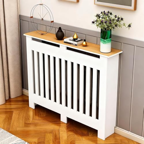 Mobiletto per radiatore effetto legno con ripiani portaoggetti e design con tubi nascosti per ridurre il rumore in soggiorno, camera da letto e corridoio. white XL