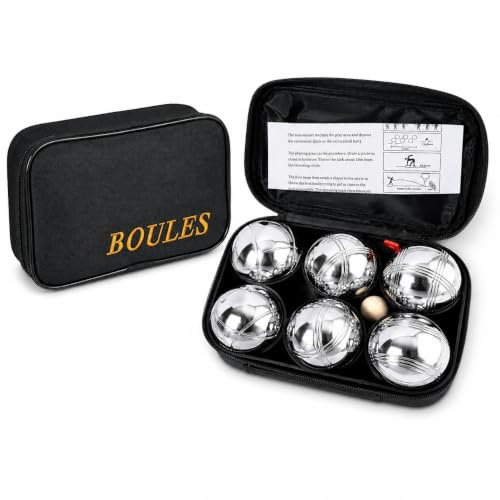 DUAS 6 Piece French Boules Set with Wooden Jack and Carry Case – Chrome Stainless Steel Petanque Game for Outdoor Garden, Beach and Camping Play