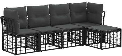 vidaXL Outdoor-Sofagarnitur Schwarz Polyester, Moderne Garten-Sofa-Ecke, wetterfest aus Poly-Rattan, mit verstellbaren Füßen, Möbel für die Terrasse