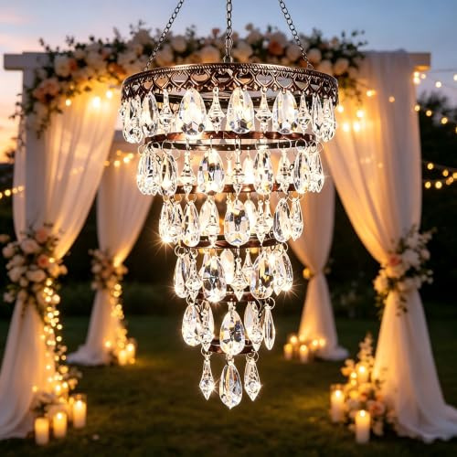Solar Crystal Chandelier Outdoor Garden Elegant Hanging Tiered Droplets | Patio Ambiance Warm White LED Vintage Brass Finish Decorative Lantern for Gazebo, Pergola & Balcony Decor