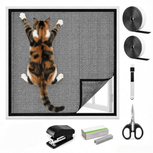 Cat Window Guard 100x150cm, Thickened Self-Adhesive Window Fly Screen | Adjustable DIY Window Mesh Net with Brush & Scissors, Pet Protection Net for Indoor Cats, Keep Bugs Out, Safety Netting